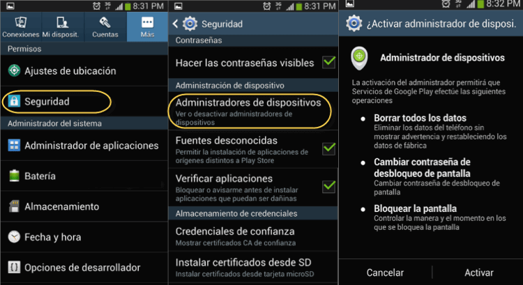 activar administrador de dispositivo Android